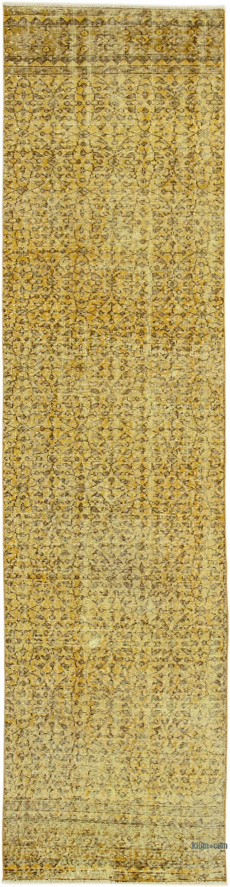 Sarı Boyalı El Dokuma Vintage Halı Yolluk - 80 cm x 314 cm - K0052194