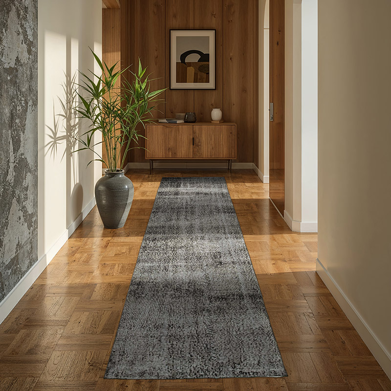 Negro Alfombra de Pasillo Turca Vintage Sobreteñida - 92 cm x 272 cm - K0052223