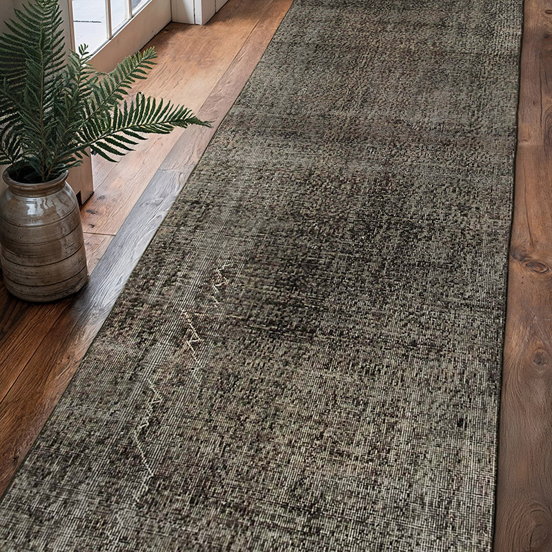 Negro Alfombra de Pasillo Turca Vintage Sobreteñida - 86 cm x 311 cm - K0052238