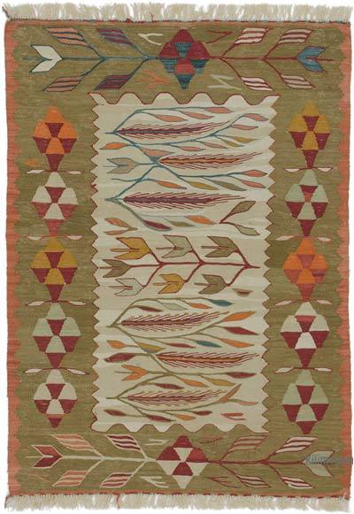 Yeşil, Bej Yeni Kök Boya El Dokuma Kilim - 90 cm x 123 cm