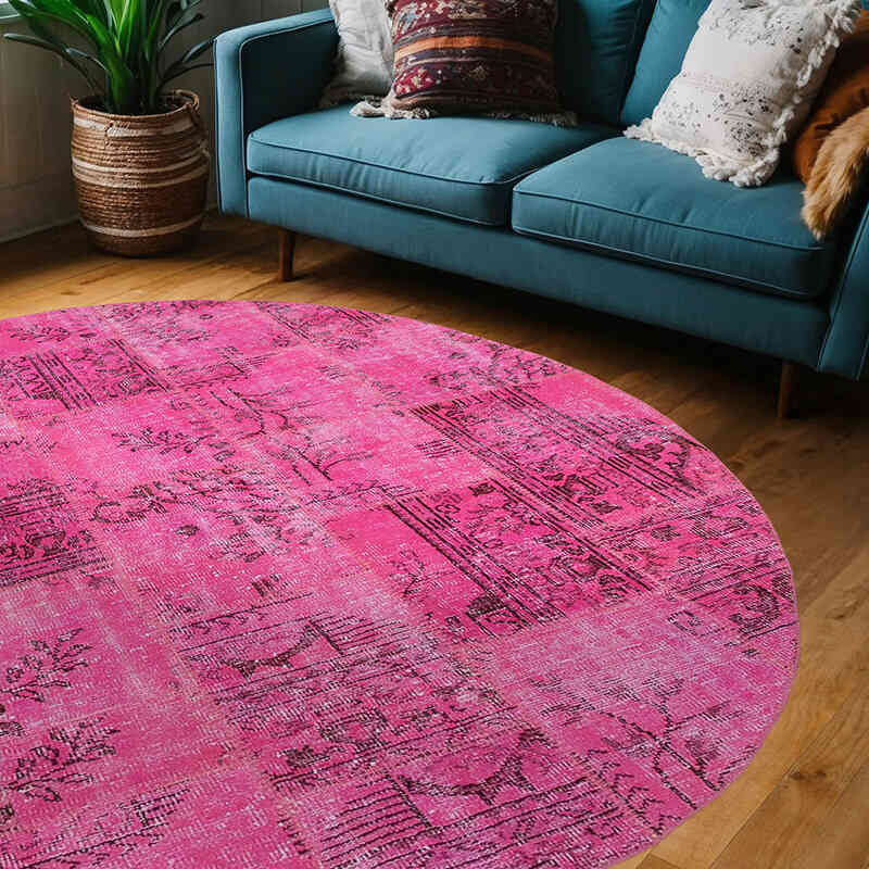 Pembe Yuvarlak Boyalı Patchwork Halı - 200 cm x 200 cm - K0052345