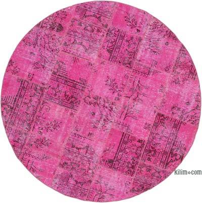 粉红色圆形拼布手工打结的土耳其地毯-6'7“ x 6'7”（79英寸x 79英寸）