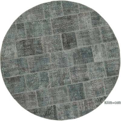 灰色圆形拼布手工打结的土耳其地毯-6'7“ x 6'7”（79英寸x 79英寸）