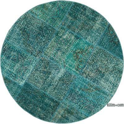 Mavi-Yeşil Yuvarlak Boyalı Patchwork Halı - 150 cm x 150 cm