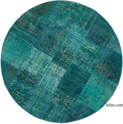 Aqua Round Patchwork Hand-Knotted Turkish Rug - 6' 7" x 6' 7" (79 in. x 79 in.)