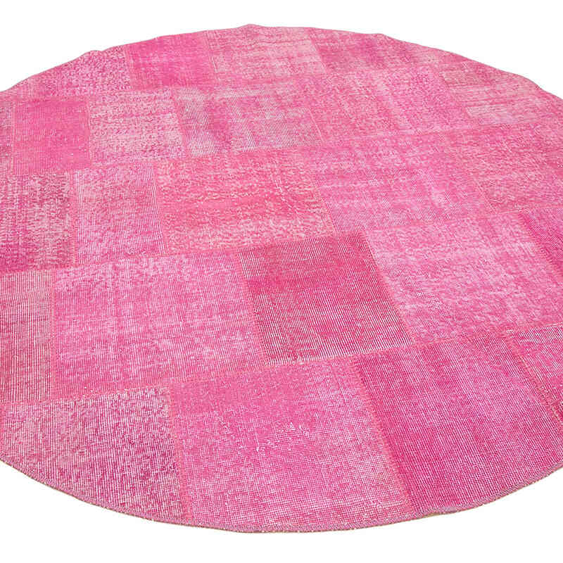 Pink Round Patchwork Hand-Knotted Turkish Rug - 6' 9" x 6' 9" (81" x 81") - K0052360