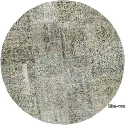 Grey Round Patchwork Hand-Knotted Turkish Rug - 5' 11" x 5' 11" (71 in. x 71 in.)