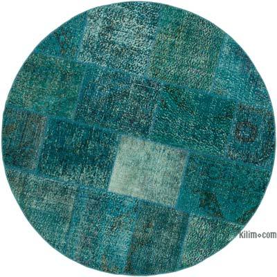 Aqua Round Patchwork Hand-Knotted Turkish Rug - 5' 11" x 5' 11" (71 in. x 71 in.)