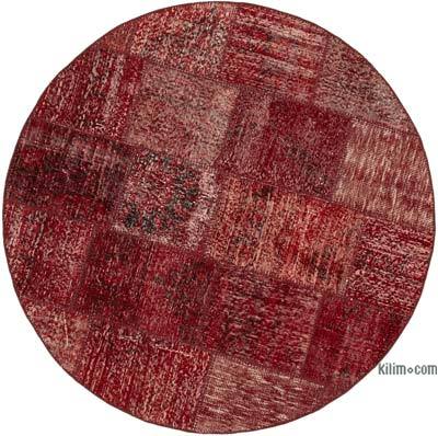 Red Round Patchwork Hand-Knotted Turkish Rug - 4' 11" x 4' 11" (59 in. x 59 in.)