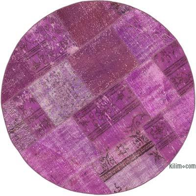 Purple Round Patchwork Hand-Knotted Turkish Rug - 5'  x 5'  (60 in. x 60 in.)