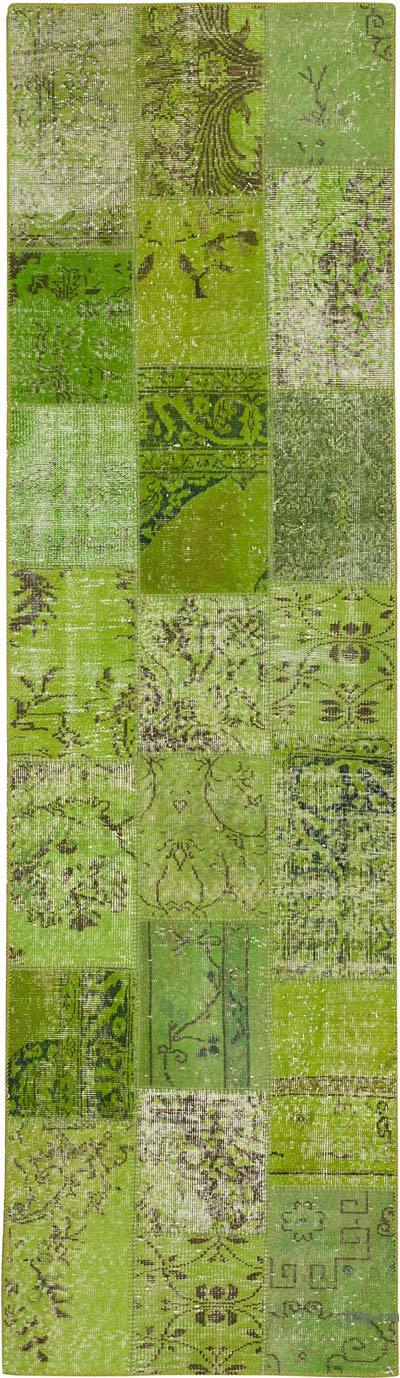 Green Patchwork Hand-Knotted Turkish Runner - 2' 10" x 9' 10" (34 in. x 118 in.)