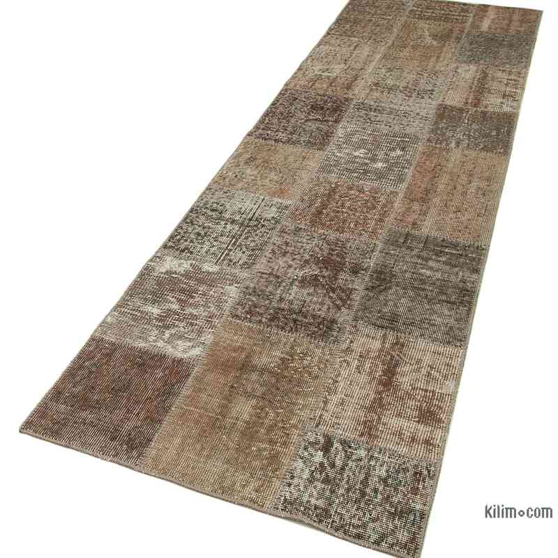 Brown Patchwork Hand-Knotted Turkish Runner - 2' 10" x 10'  (34 in. x 120 in.) - K0053866