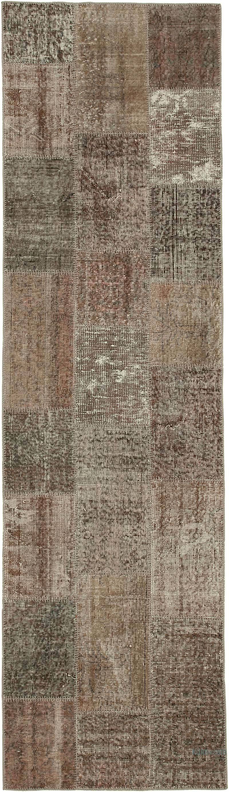 Brown Patchwork Hand-Knotted Turkish Runner - 2' 10" x 10'  (34 in. x 120 in.) - K0053866