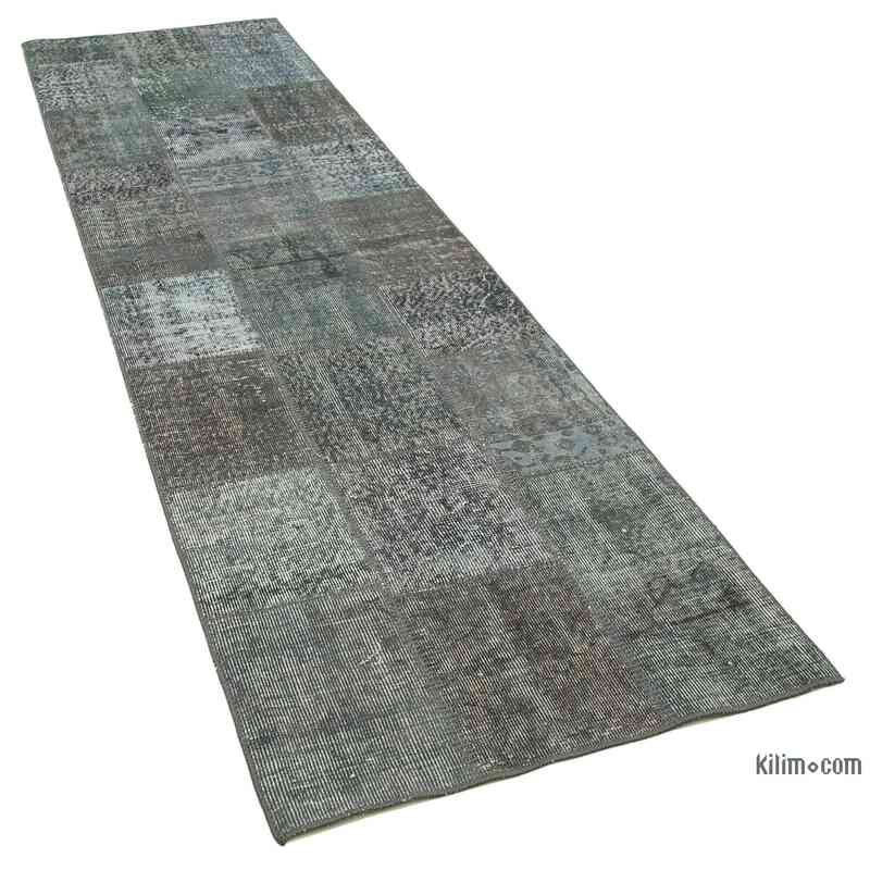 Grey Patchwork Hand-Knotted Turkish Runner - 2' 9" x 10'  (33 in. x 120 in.) - K0053869