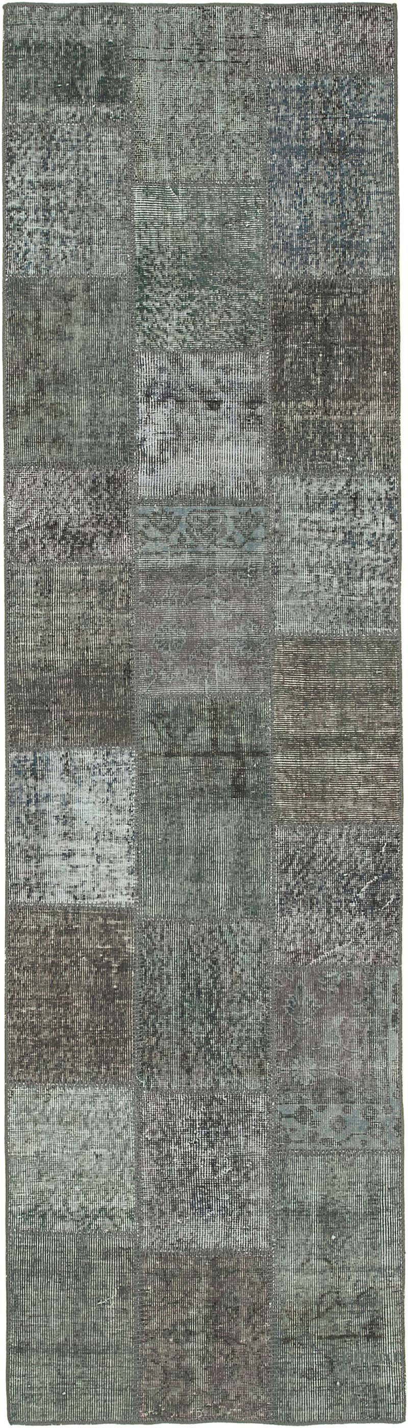 Grey Patchwork Hand-Knotted Turkish Runner - 2' 9" x 10'  (33 in. x 120 in.) - K0053869