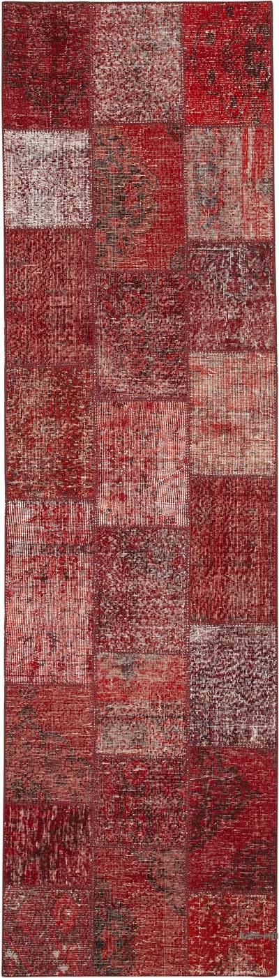 Red Patchwork Hand-Knotted Turkish Runner - 2' 10" x 9' 11" (34 in. x 119 in.)