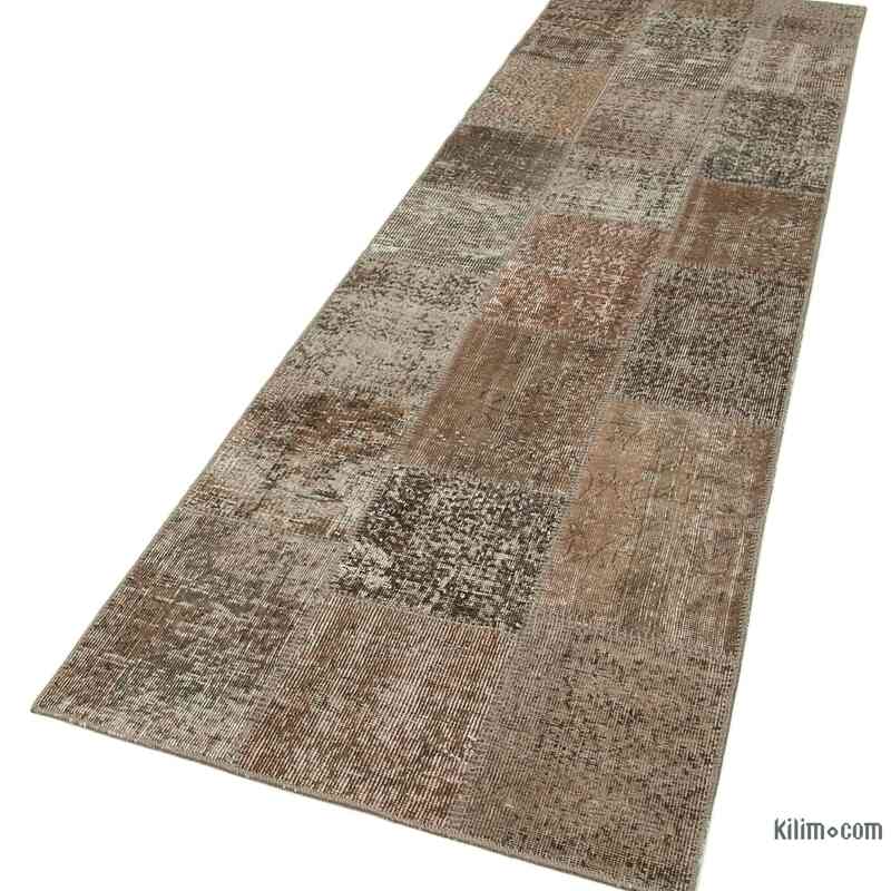 Brown Patchwork Hand-Knotted Turkish Runner - 2' 10" x 9' 11" (34 in. x 119 in.) - K0053876