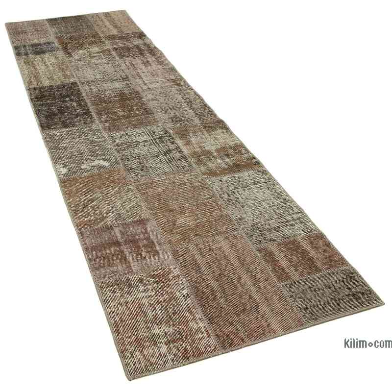 Brown Patchwork Hand-Knotted Turkish Runner - 2' 10" x 10'  (34 in. x 120 in.) - K0053878