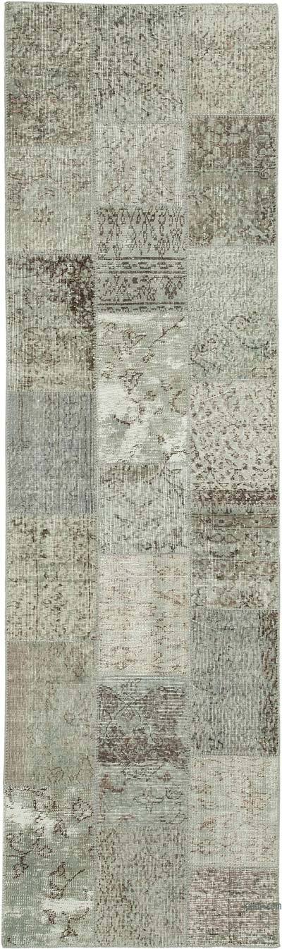 Grey Patchwork Hand-Knotted Turkish Runner - 2' 9" x 9' 9" (33 in. x 117 in.)