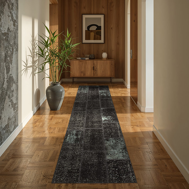 Siyah Boyalı Patchwork Halı - 87 cm x 268 cm - K0053885
