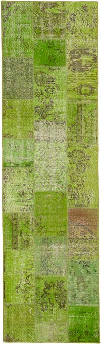 Green Patchwork Hand-Knotted Turkish Runner - 2' 10" x 9' 10" (34" x 118")