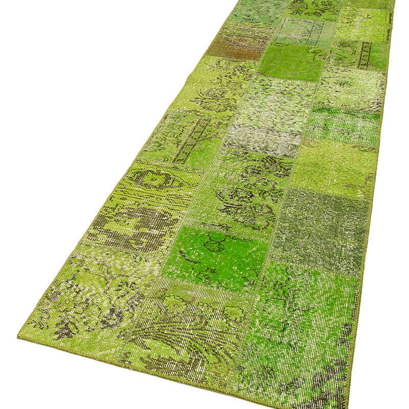 Yeşil Boyalı Patchwork Halı - 86 cm x 300 cm - K0053888