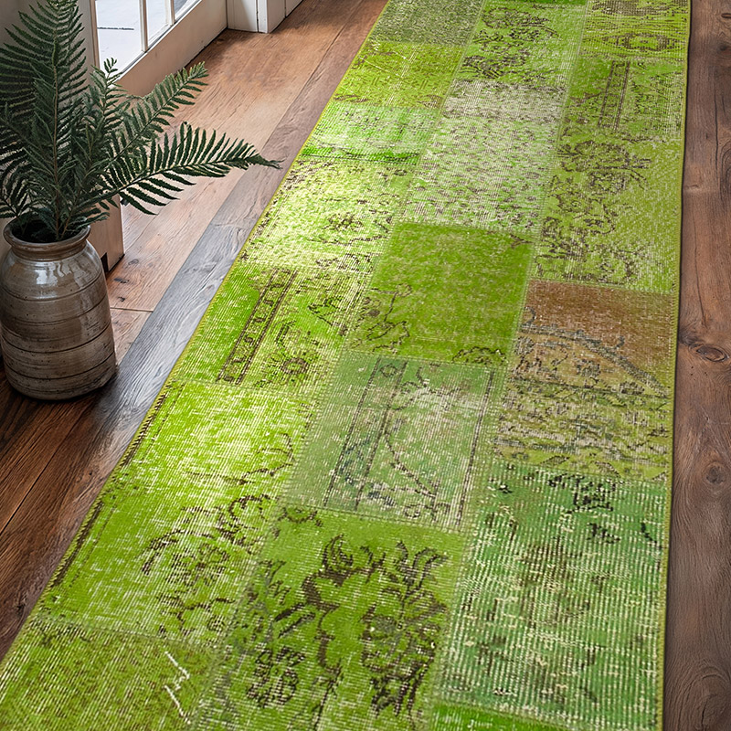 Yeşil Boyalı Patchwork Halı - 86 cm x 300 cm - K0053888