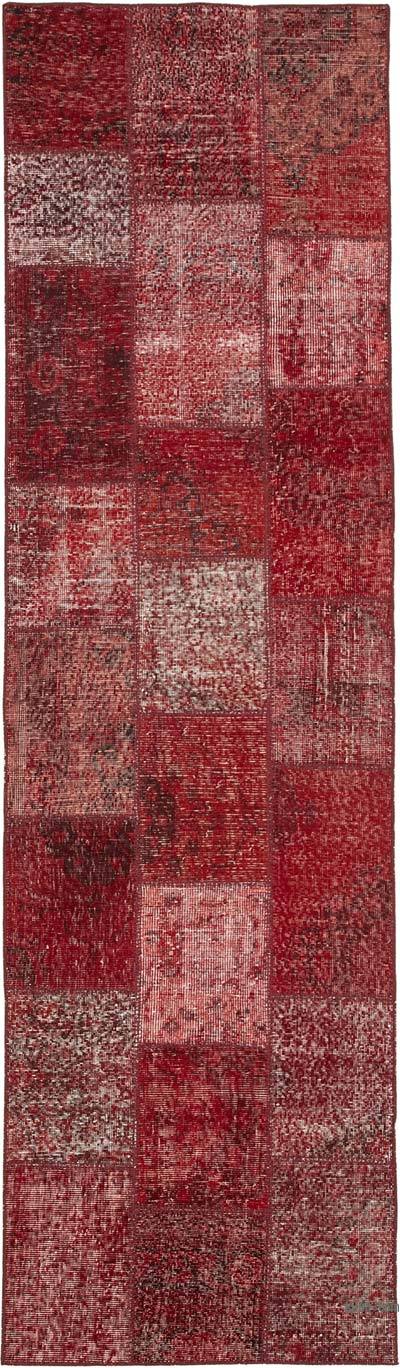Red Patchwork Hand-Knotted Turkish Runner - 2' 10" x 9' 9" (34 in. x 117 in.)