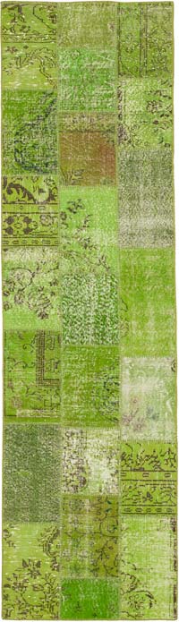 Green Patchwork Hand-Knotted Turkish Runner - 2' 10" x 10'  (34" x 120")