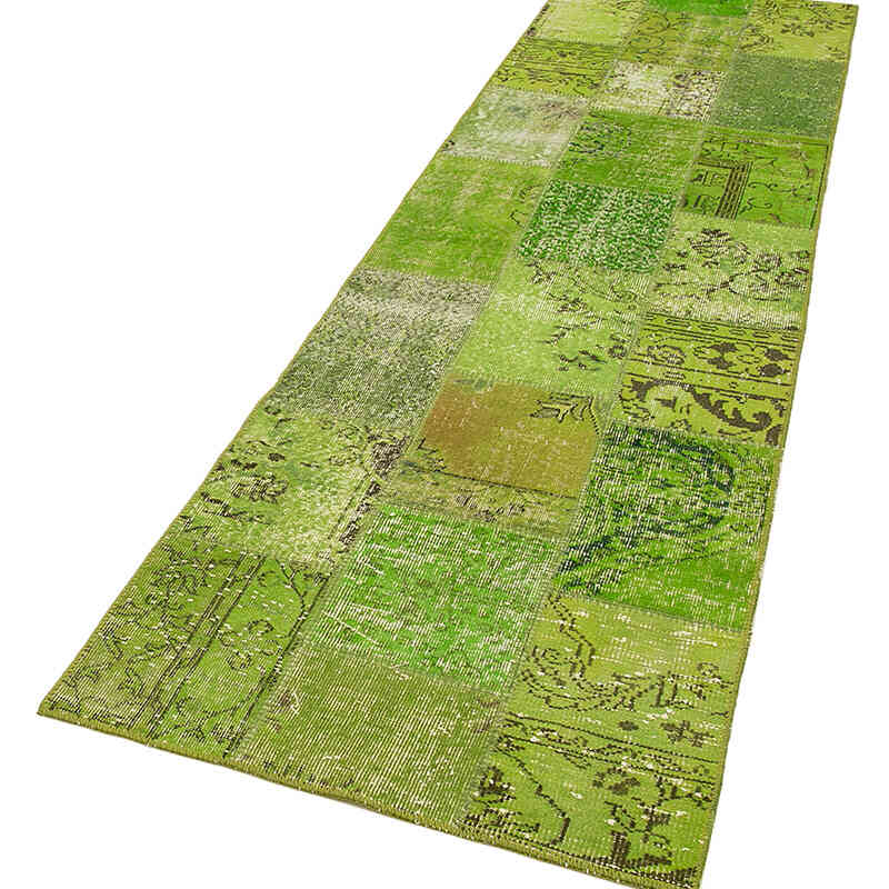 Verde Alfombra De Retazos Turca Sobre-teñida - 87 cm x 305 cm - K0053900