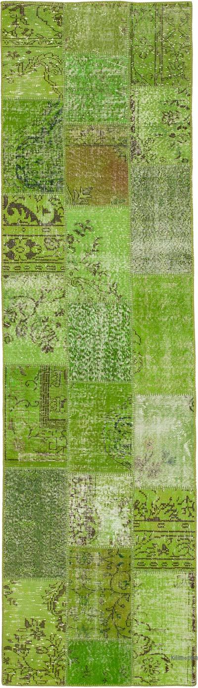 Green Patchwork Hand-Knotted Turkish Runner - 2' 10" x 10'  (34 in. x 120 in.)