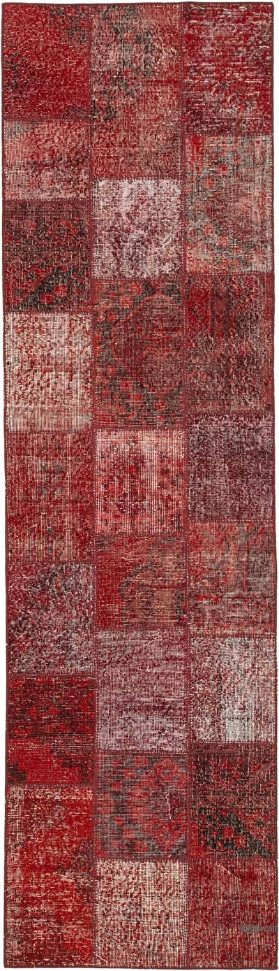 Red Patchwork Hand-Knotted Turkish Runner - 2' 9" x 9' 11" (33 in. x 119 in.)