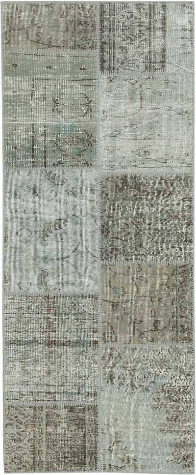 Grey Patchwork Hand-Knotted Turkish Runner - 2' 5" x 5' 11" (29 in. x 71 in.)