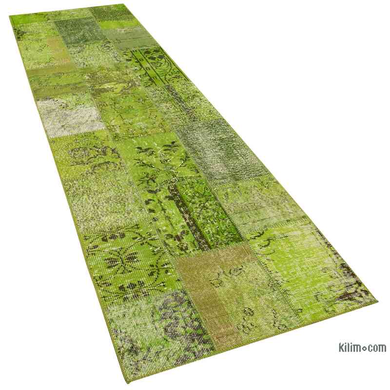 Green Patchwork Hand-Knotted Turkish Runner - 2' 10" x 9' 11" (34 in. x 119 in.) - K0053922