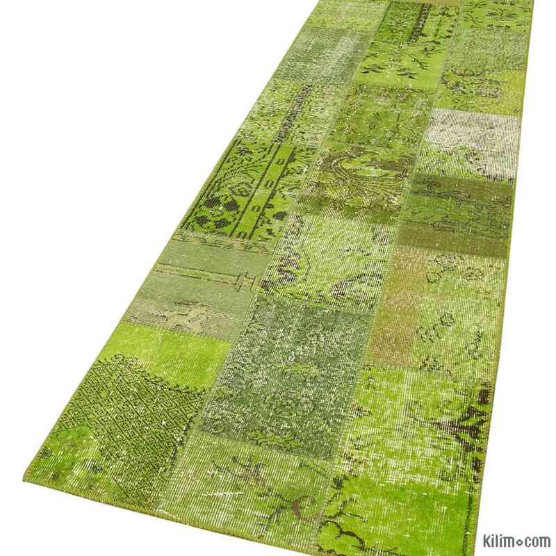 Green Patchwork Hand-Knotted Turkish Runner - 2' 10" x 9' 11" (34 in. x 119 in.) - K0053922