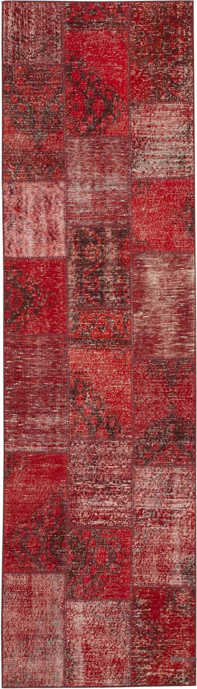 Red Patchwork Hand-Knotted Turkish Runner - 2' 9" x 9' 11" (33 in. x 119 in.)