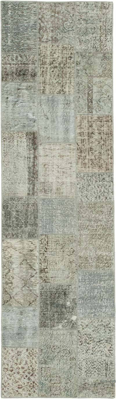 Grey Patchwork Hand-Knotted Turkish Runner - 2' 10" x 9' 10" (34 in. x 118 in.)