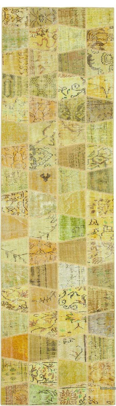 Yellow Patchwork Hand-Knotted Turkish Runner - 3' 3" x 10' 1" (39 in. x 121 in.)
