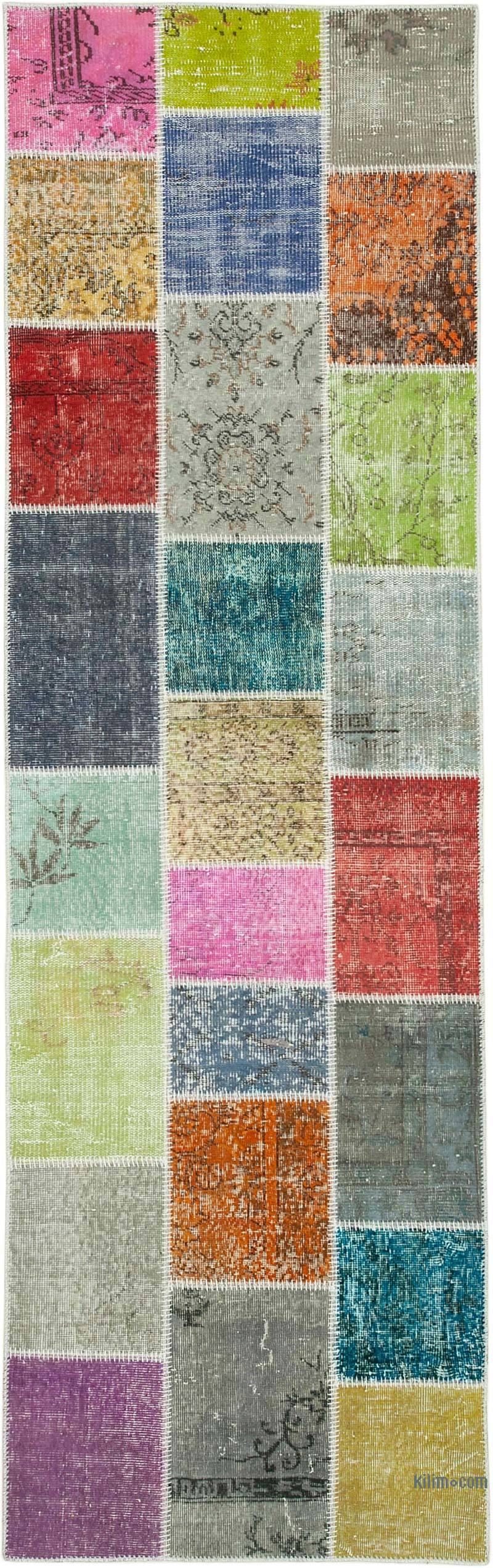 Multicolor Patchwork Hand-Knotted Turkish Runner - 3'  x 9' 9" (36 in. x 117 in.) - K0053954