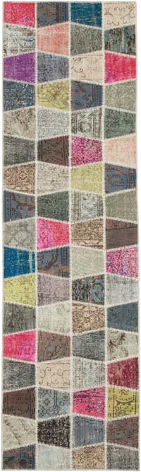 Multicolor Patchwork Hand-Knotted Turkish Runner - 2' 11" x 10' 1" (35" x 121")