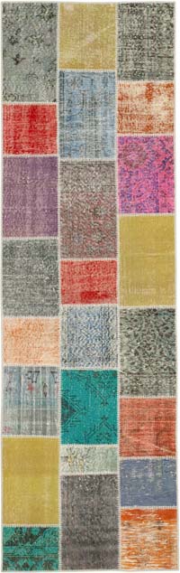 Multicolor Patchwork Hand-Knotted Turkish Runner - 3' 1" x 9' 9" (37" x 117")