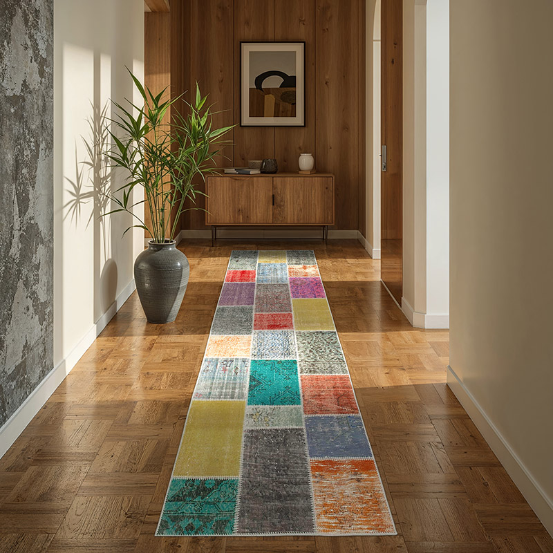 Çok Renkli Boyalı Patchwork Halı - 93 cm x 297 cm - K0053958