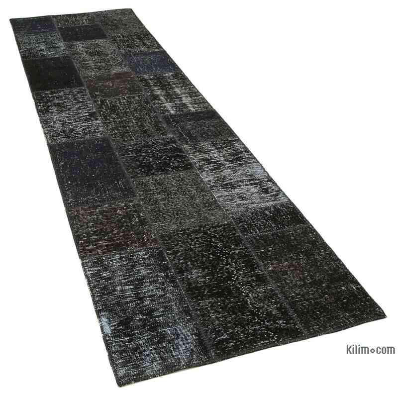 Black Patchwork Hand-Knotted Turkish Runner - 2' 9" x 10' 2" (33 in. x 122 in.) - K0053963