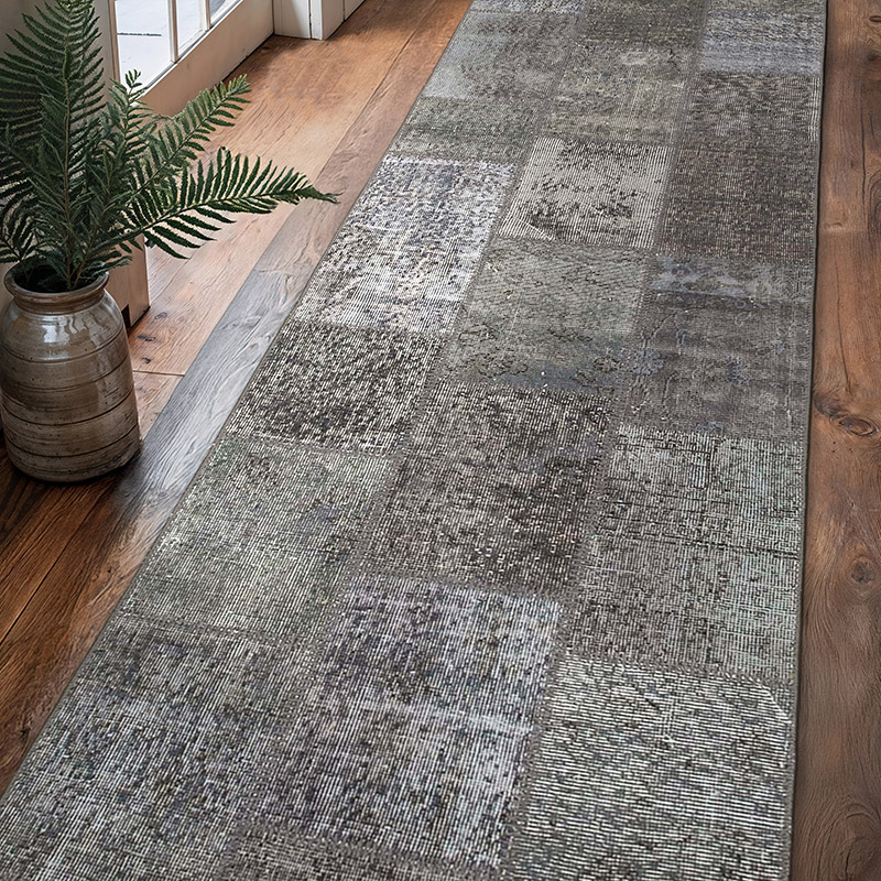 Gris Alfombra De Retazos Turca Sobre-teñida - 85 cm x 306 cm - K0053967