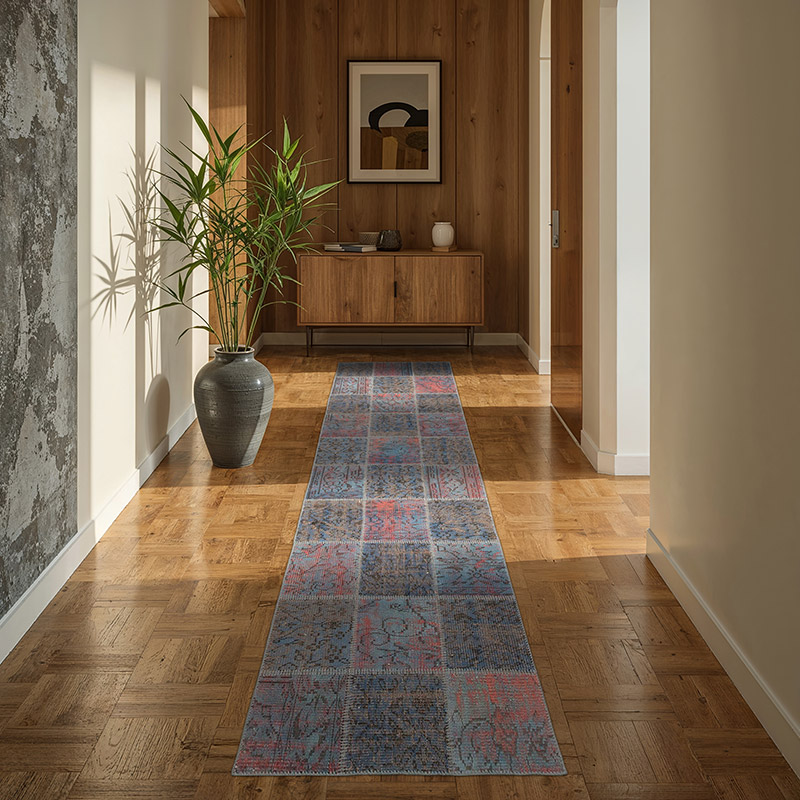 Azul Alfombra De Retazos Turca Sobre-teñida - 88 cm x 298 cm - K0053968