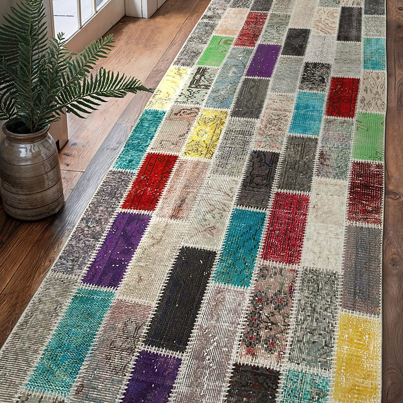 Multicolor Patchwork Hand-Knotted Turkish Runner - 3' 3" x 10' 4" (39" x 124") - K0053969