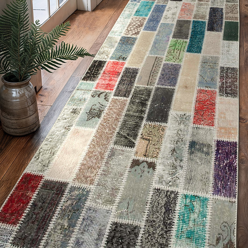 Multicolor Patchwork Hand-Knotted Turkish Runner - 3' 1" x 9' 11" (37" x 119") - K0053970