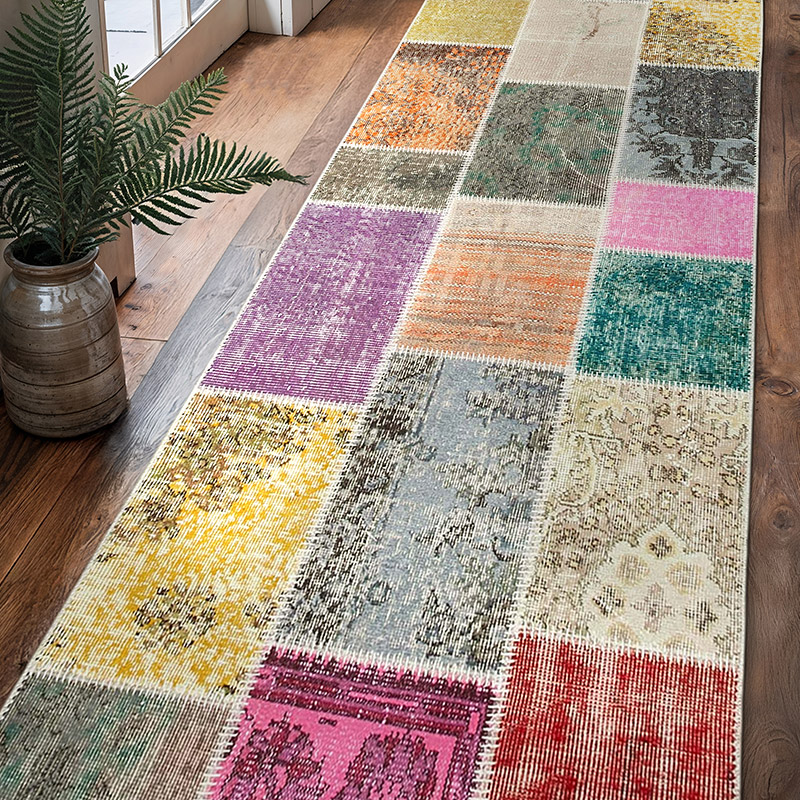 Multicolor Patchwork Hand-Knotted Turkish Runner - 3'  x 9' 10" (36" x 118") - K0053978