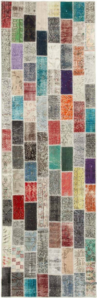 Multicolor Patchwork Hand-Knotted Turkish Runner - 3' 3" x 10' 1" (39" x 121")