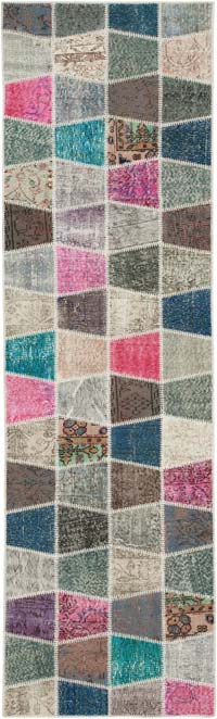 Multicolor Patchwork Hand-Knotted Turkish Runner - 2' 11" x 10'  (35" x 120")